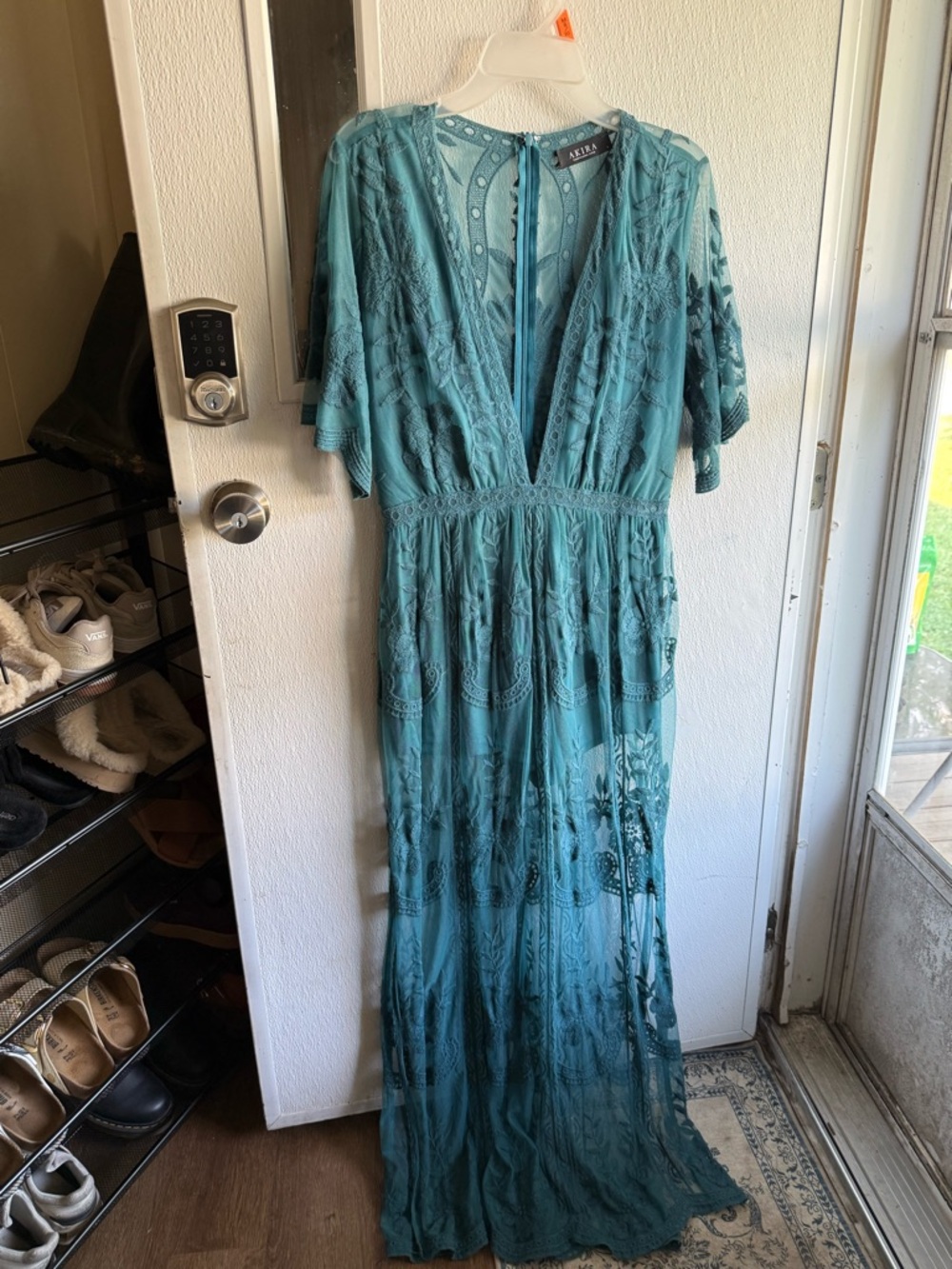 AKIRA Teal Lace-Detail V-Neck Maxi Dress